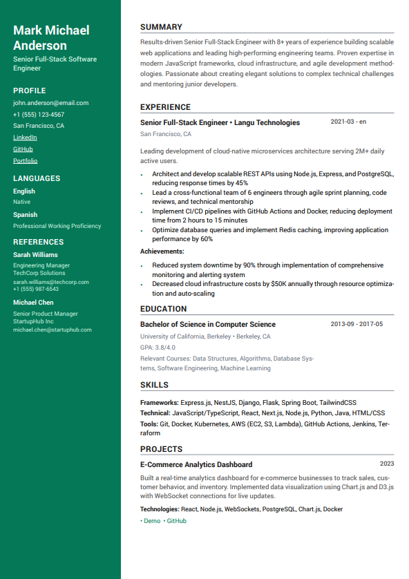 Two Column Resume Template - Modern professional two-column resume layout with green accent design